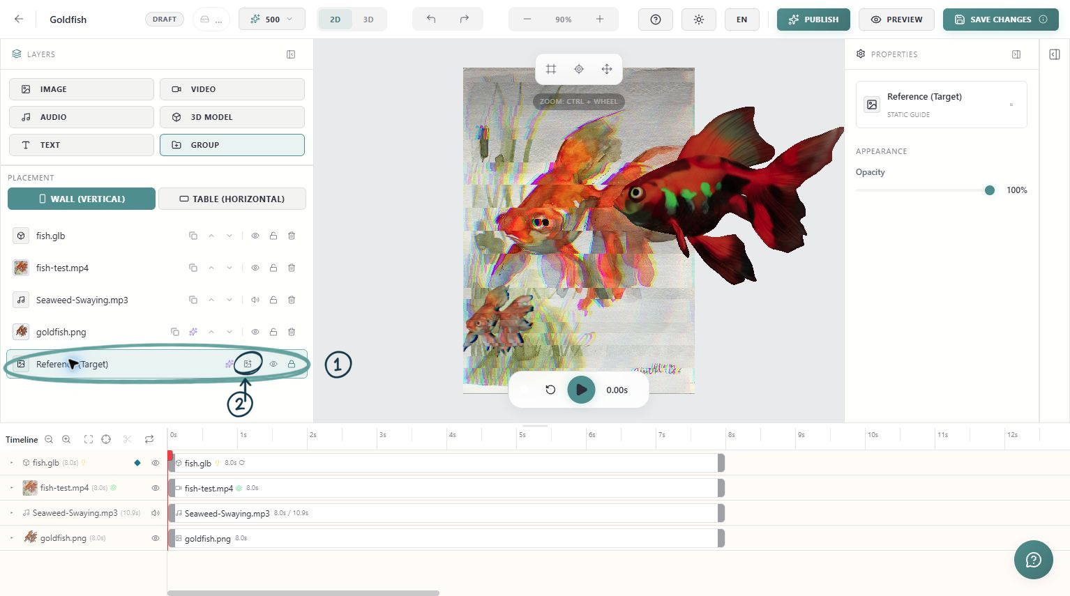 Goldfish editor with sketch circles around Reference (Target) and its change-reference control.