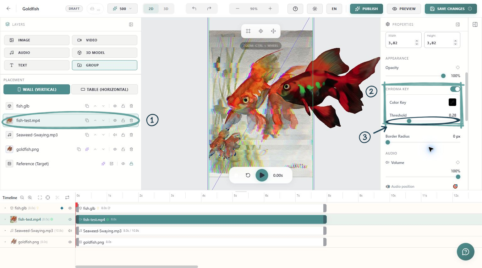 Goldfish video layer with sketch annotations on Chroma Key, its colour swatch and Threshold slider.