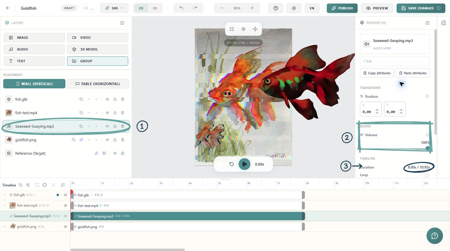 Goldfish audio layer with sketch highlights on the selected soundtrack, Volume and active duration versus source duration.