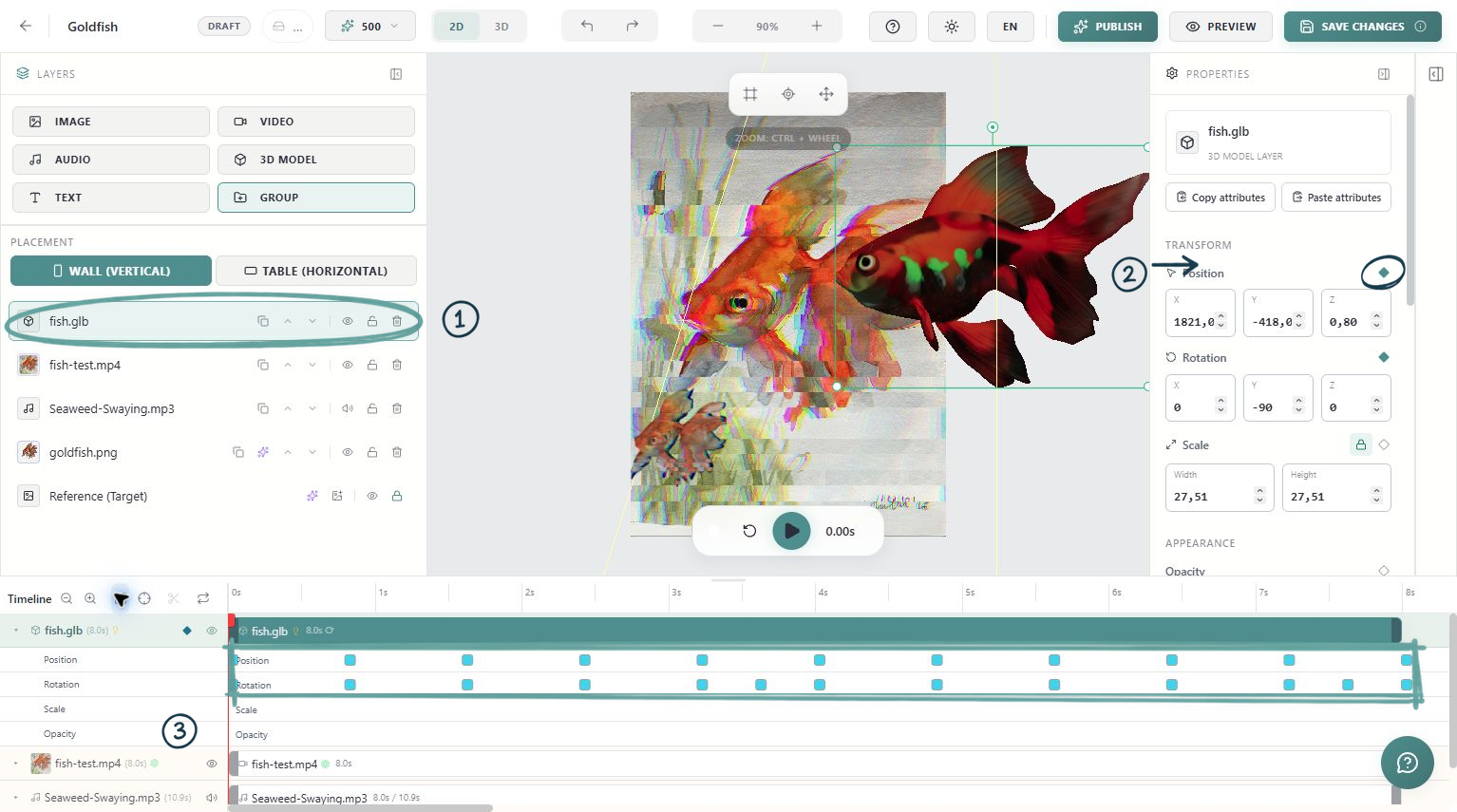 Goldfish animation with sketch highlights on the selected layer, Position keyframe diamond and expanded keyframe tracks.
