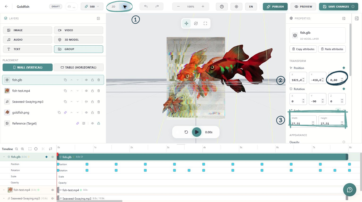 Goldfish 3D fish extending from the painting, with annotated 3D view, Z position and scale controls.
