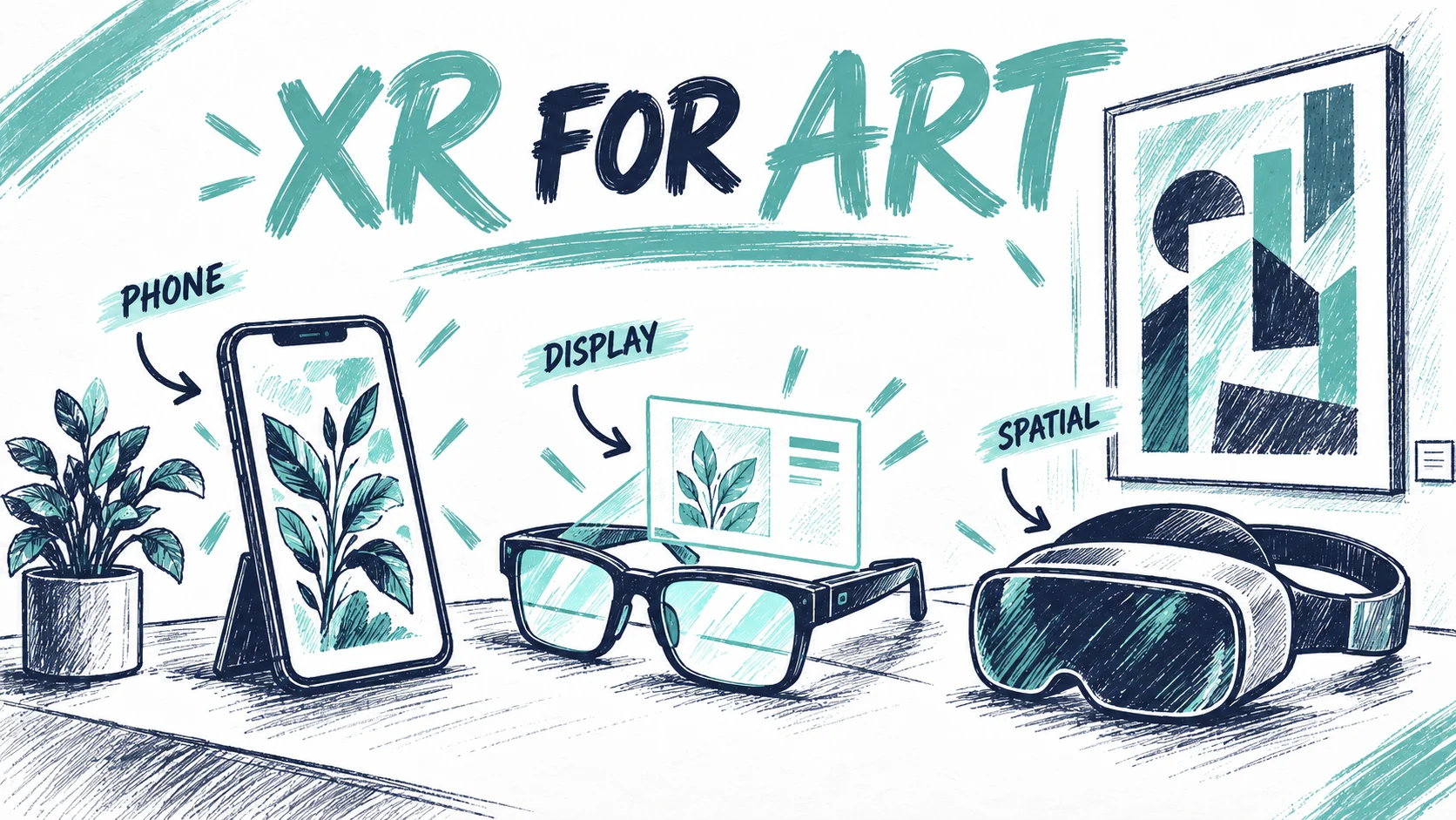 Navy and teal sketch of a phone, display glasses and a spatial headset on a gallery table beside an abstract artwork.