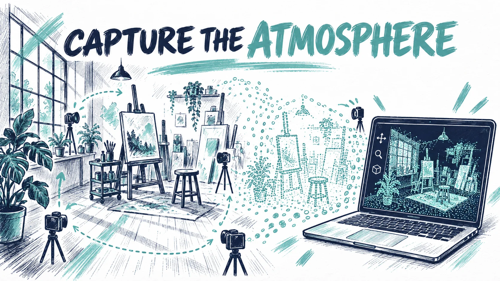 An artist's studio dissolves into teal dots and reappears on a laptop, with cameras arranged around the room.
