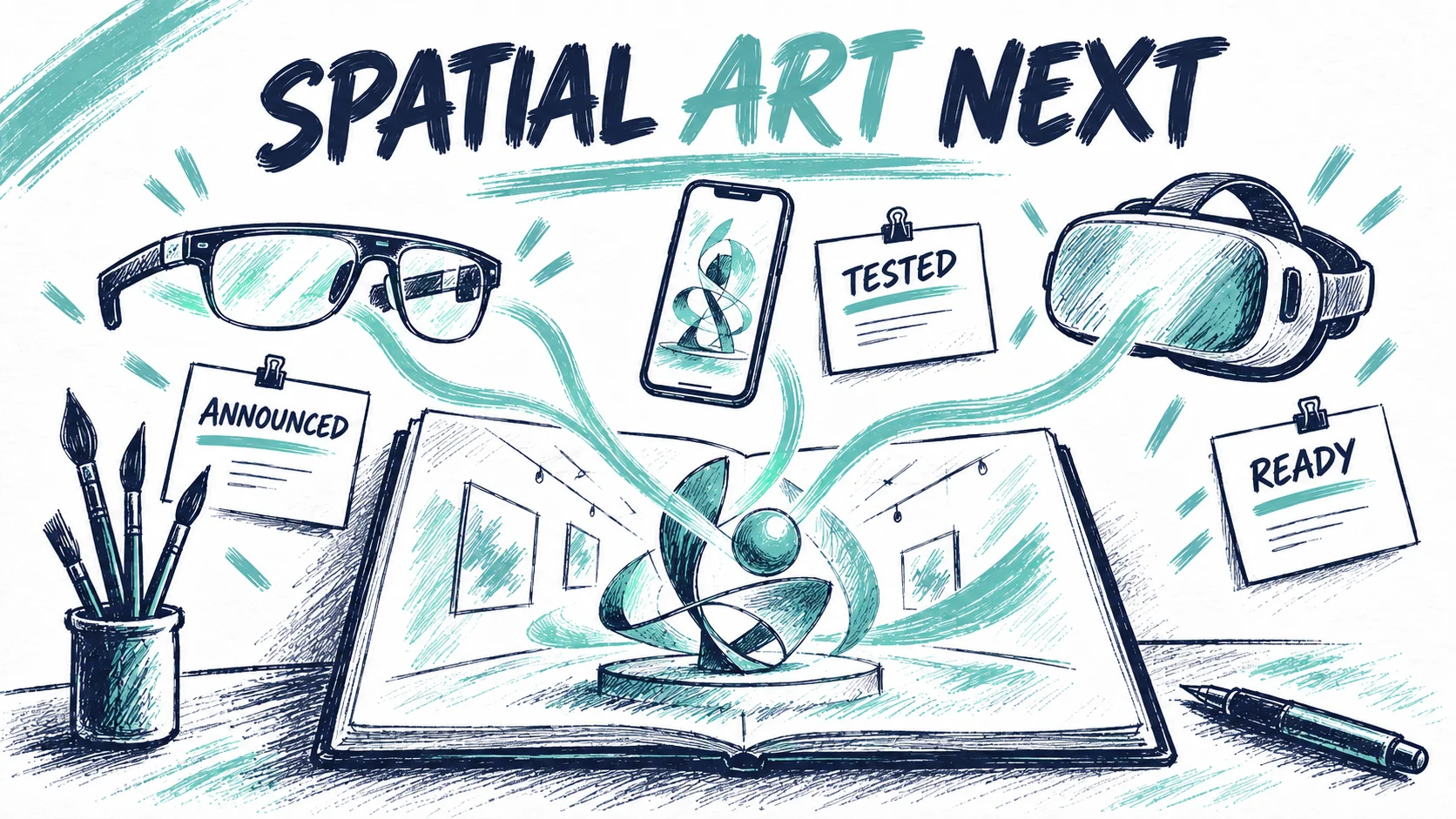 A gallery sketch connects an abstract artwork to glasses, a phone and a headset, with Announced, Tested and Ready cards.