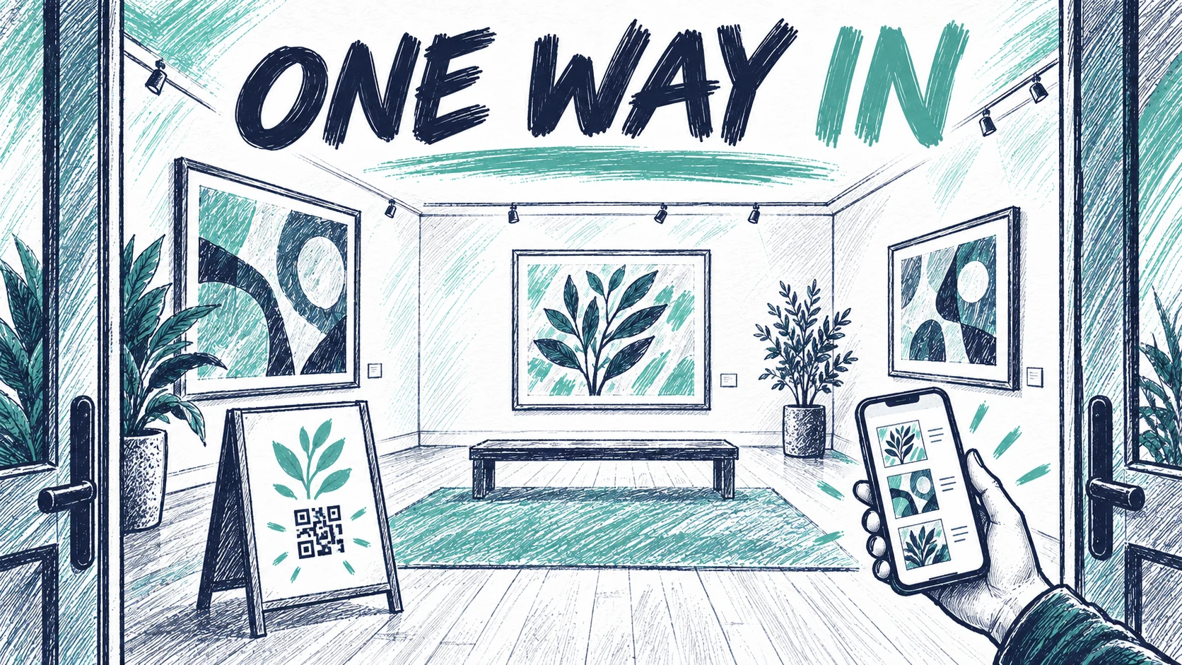 Editorial illustration of a gallery room with several paintings, a shared QR sign and a visitor holding a phone.