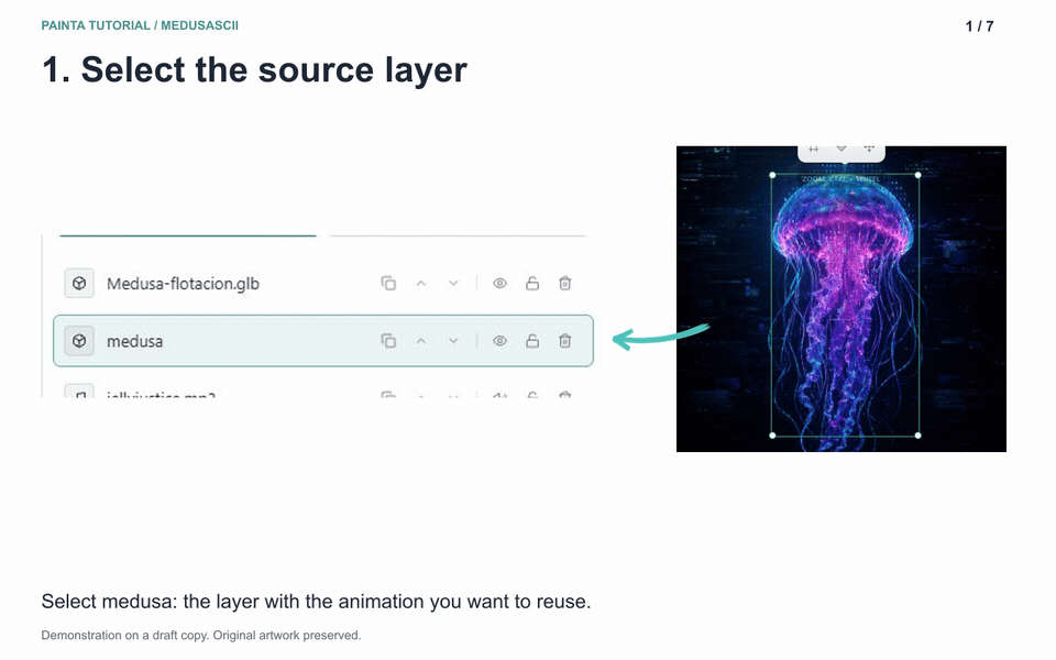 23-second animated walkthrough: copy attributes from medusa, select Medusa-flotacion.glb, paste Opacity and Keyframe animation, then check the destination timeline.