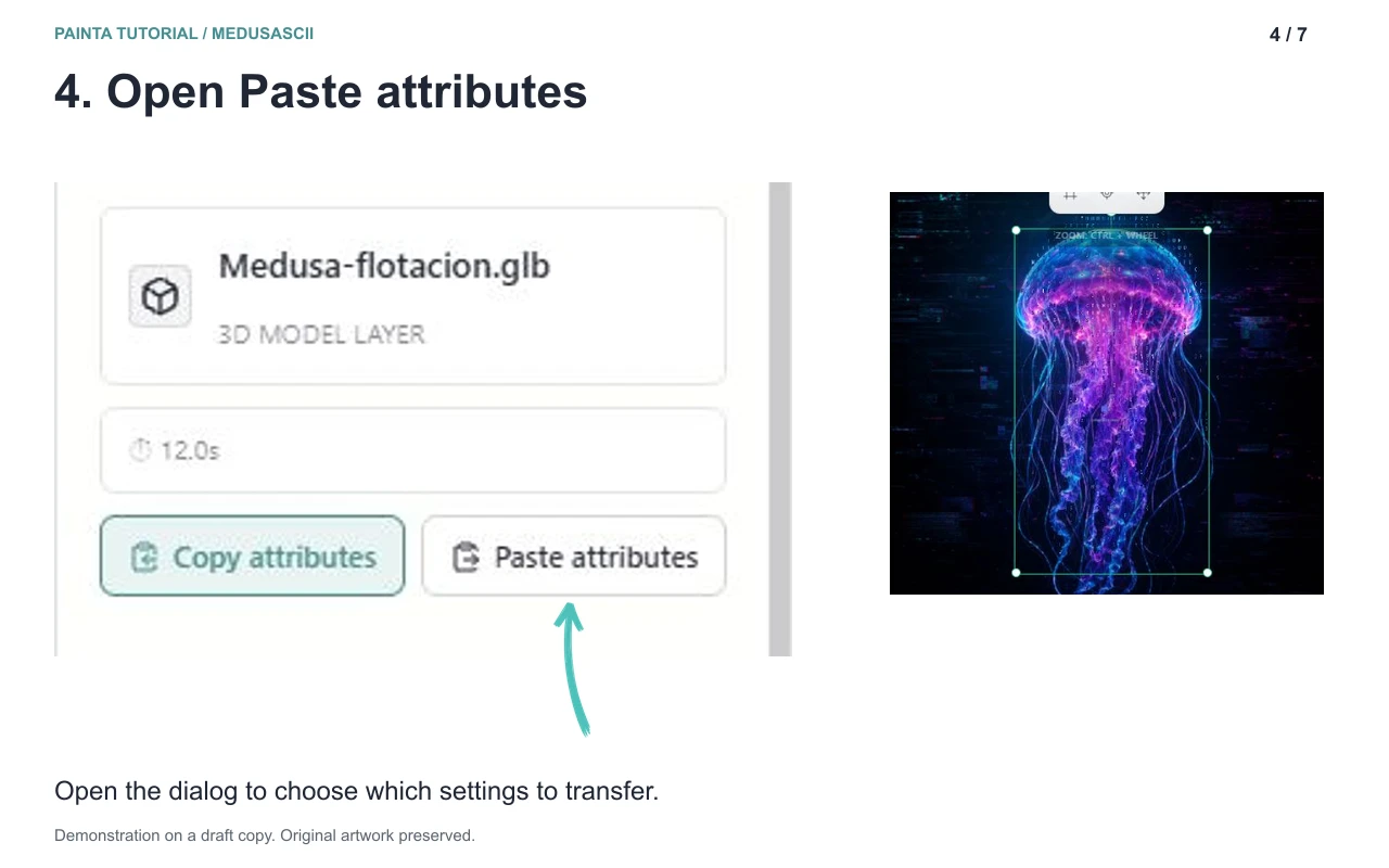 MedusASCII destination layer Properties panel with a turquoise brush arrow pointing to Paste attributes.