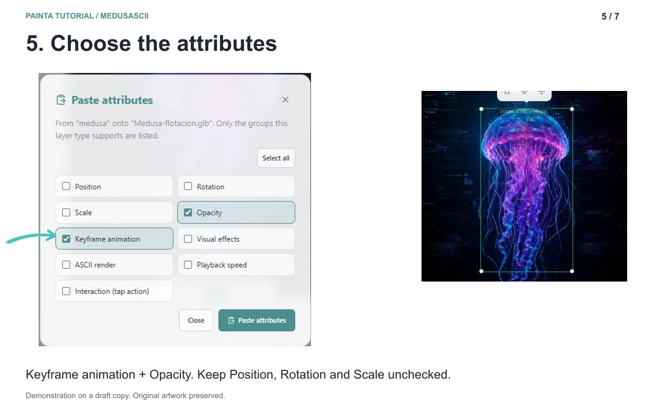Paste attributes dialog with Opacity and Keyframe animation checked; Position, Rotation and Scale unchecked.