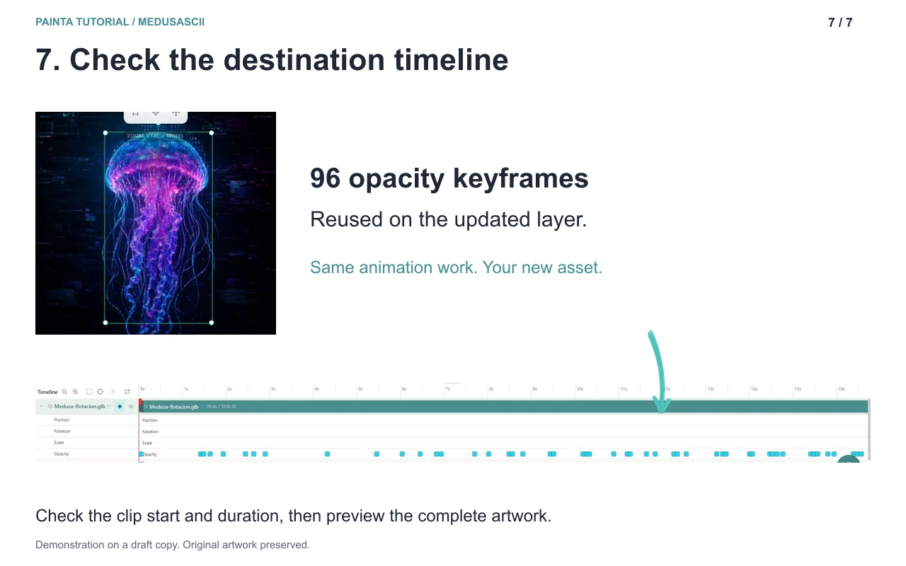 Medusa-flotacion.glb timeline after pasting, with its opacity keyframes visible.