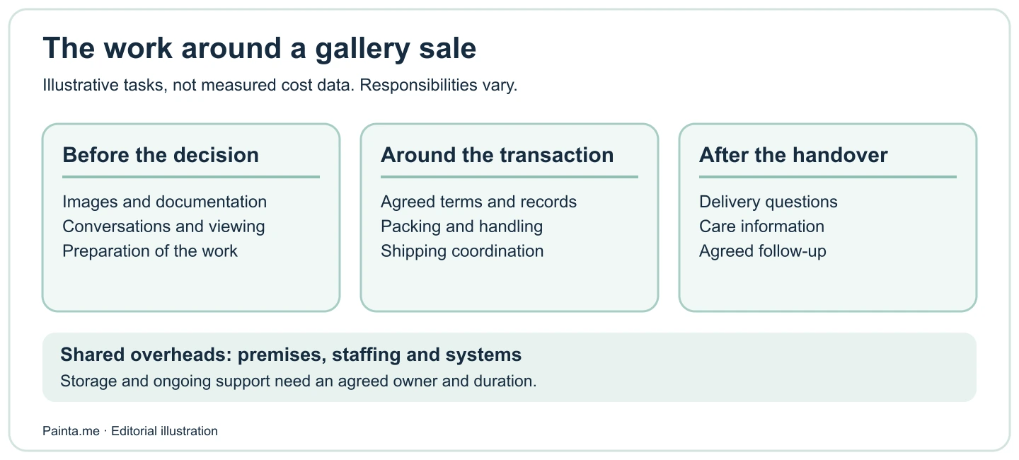 Diagram separates preparation, transaction and delivery tasks from shared gallery overheads and ongoing care.