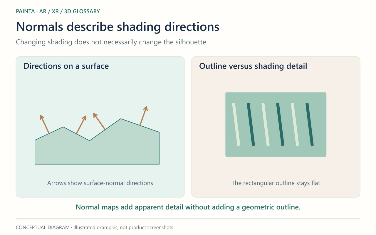 Changing shading does not necessarily change the silhouette. Normal maps add apparent detail without adding a geometric outline.