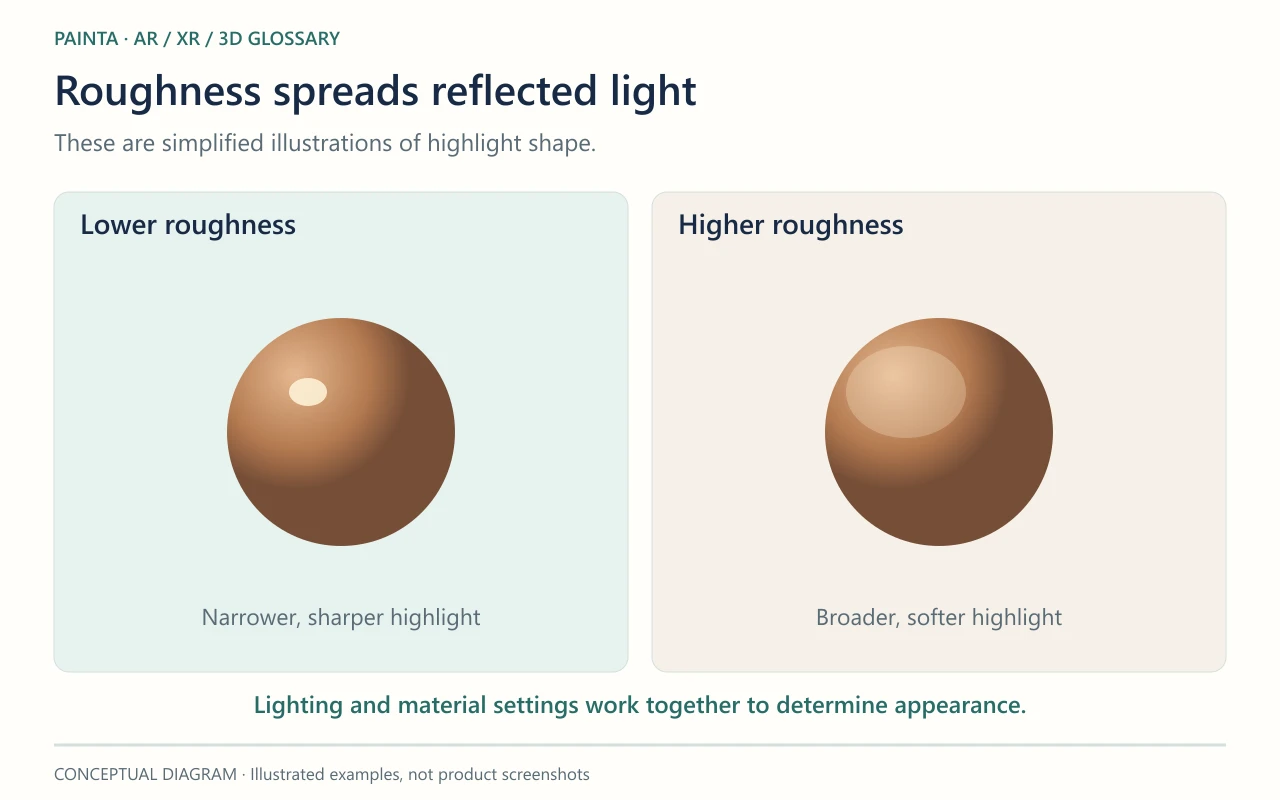 These are simplified illustrations of highlight shape. Lighting and material settings work together to determine appearance.