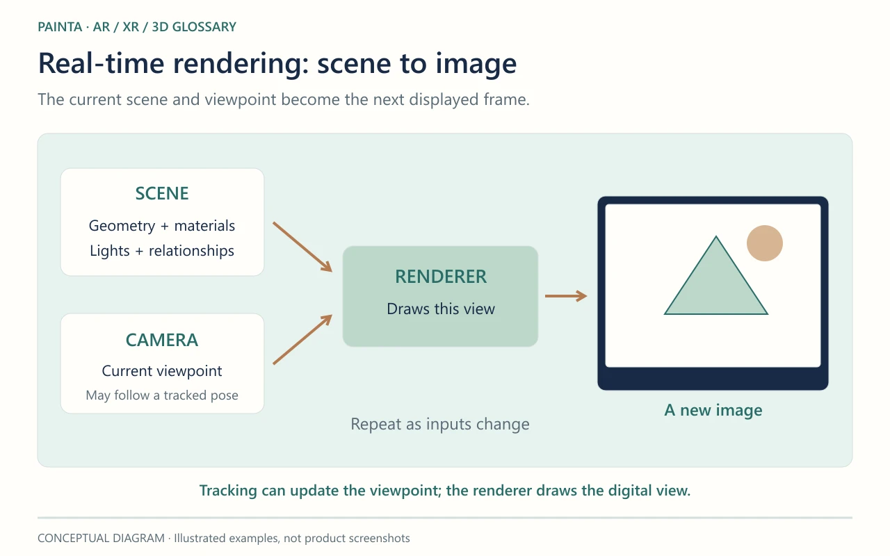 The current scene and viewpoint become the next displayed frame. Tracking can update the viewpoint; the renderer draws the digital view.
