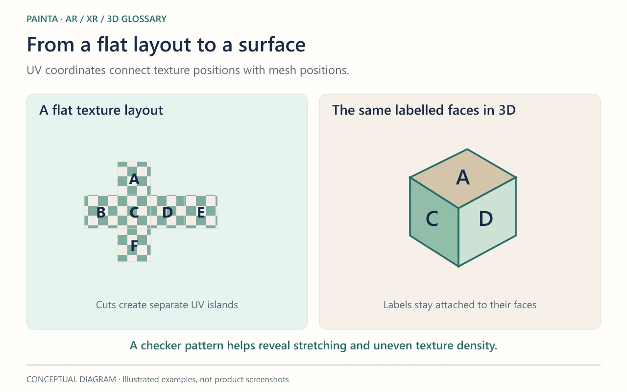 UV coordinates connect texture positions with mesh positions. A checker pattern helps reveal stretching and uneven texture density.
