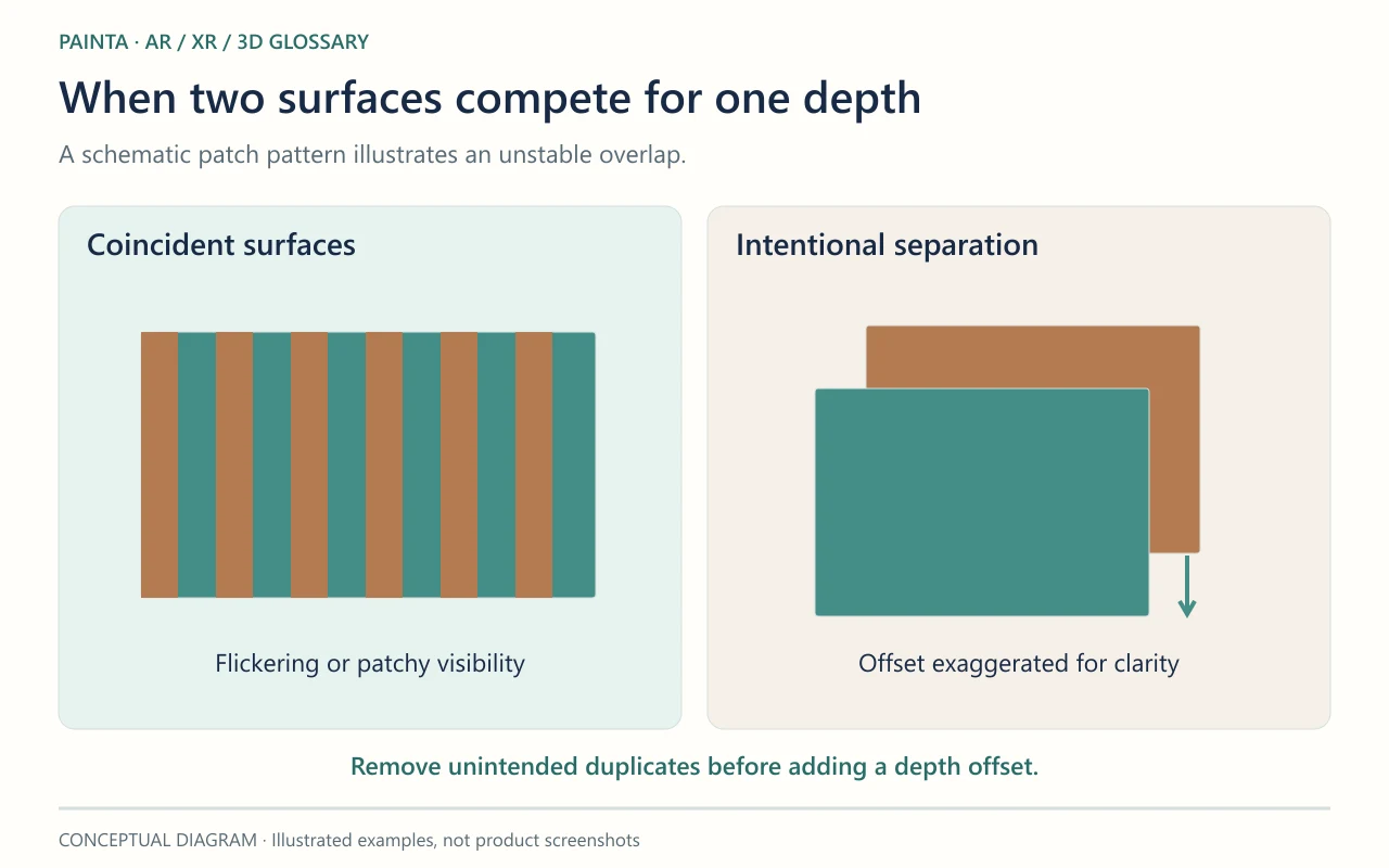Alternating teal and brown patches represent competing coincident planes; a second panel shows an exaggerated separation between two intentional layers.